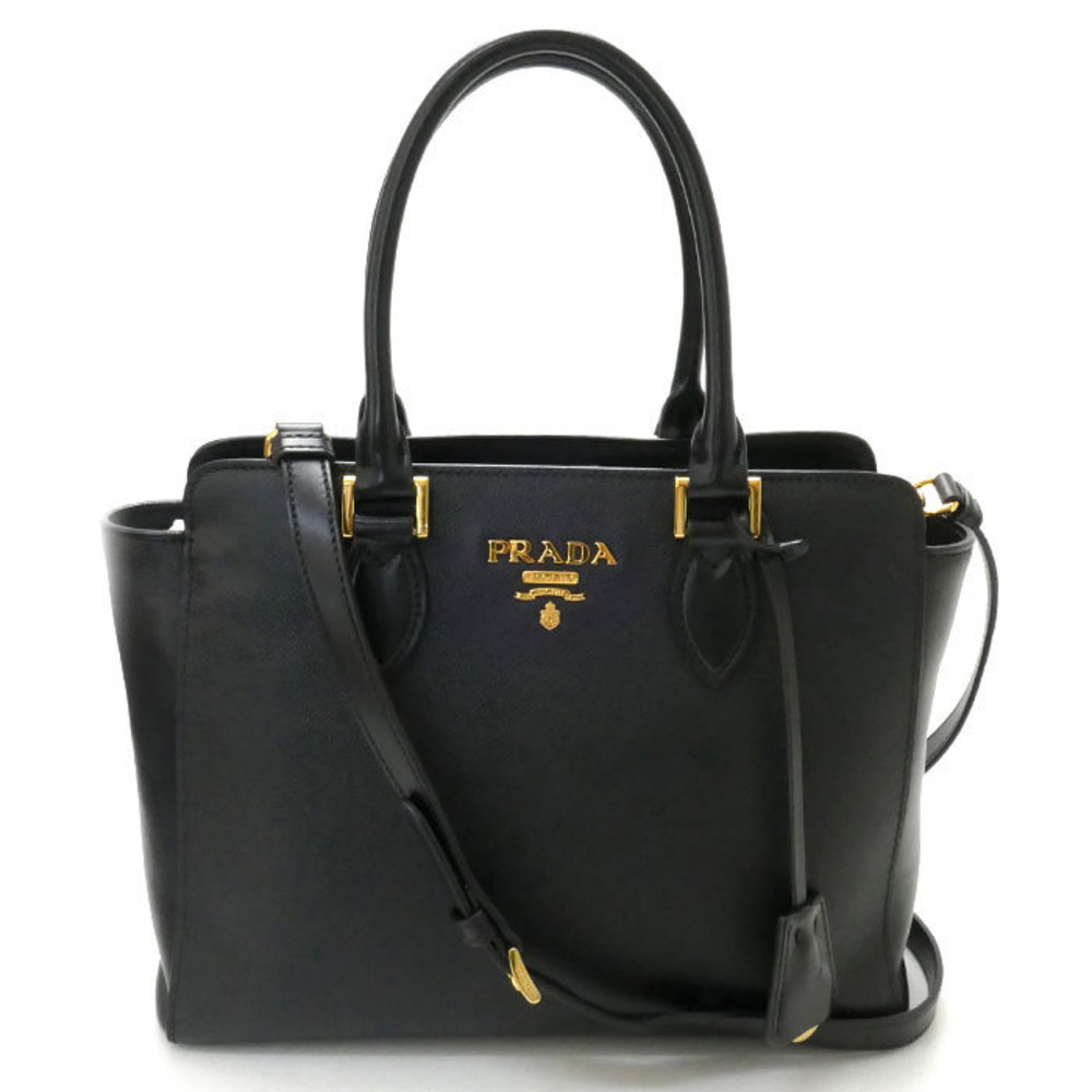 Prada Saffiano Leather 2way Shoulder Bag Black Gold Metal Fittings